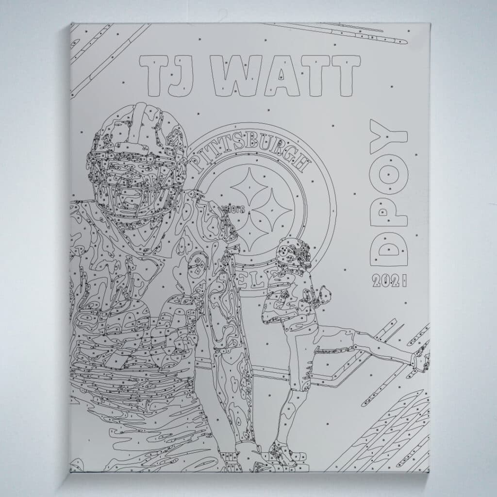 Paint by numbers outline on framed canvas of TJ Watt for fan art painting