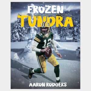 Fan art poster of Aaron Rodgers GB Packers QB running in the snow with trees in the background Frozen Tundra