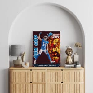 Framed canvas wall art painting of Detroit Loins wide receiver Amon Ra St. Brown on wall above a dresser
