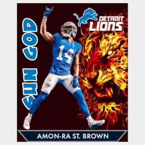 Vector print of Detroit Lions WR Amon-Ra St. Brown Sun God posing with fire lion background