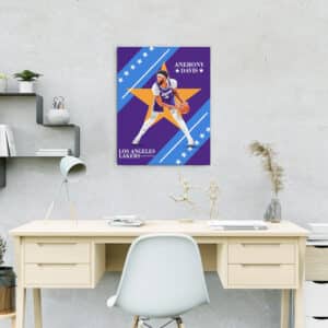 Canvas wall art painting of LA Lakers player Anthony Davis hanging on wall above desk