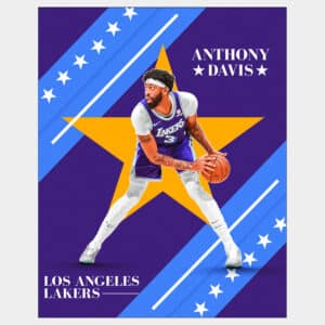 Anthony Davis NBA player for the Los Angeles Lakers poster posing with basketball and purple background
