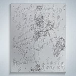 Framed do it yourself sports art canvas with paint by numbers outline of Austin Ekeler Pound 4 Pound LA Charger logo background