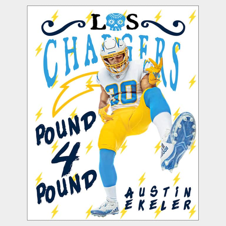 Poster fan wall art of LA Chargers RB Austin Ekeler wearing white jersey on a white background with bolts and team logo