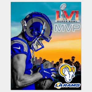 Wall art poster of Los Angeles Rams WR and Super Bowl MVP posing with sunset background and team logo