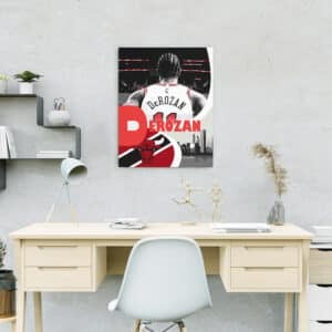 Canvas wall art painting of star Chicago Bulls Player Demar DeRozan hanging on wall above a desk