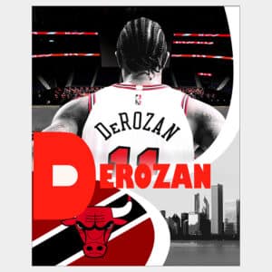 Poster of Chicago Bulls star player Demar Derozan with Chicago Bulls logo