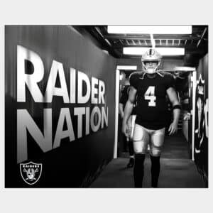 Poster art of NFL quarterback Dereck Carr of the Las Vegas Raiders walking down stadium tunnel with Raider Nation