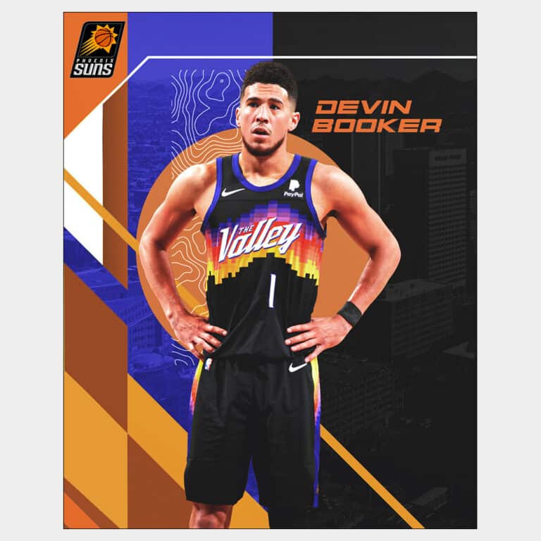 Poser of star NBA player Devin Booker of the Phoenix suns with logo and silhouette background