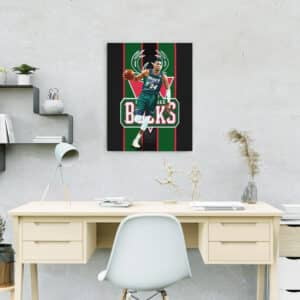 Canvas wall art painting of Milwaukee Bucks basketball star Giannis Antetokounmpo hanging above desk