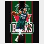 Vector print of Giannis Antetokounmpo the Greek Freak dribbling a basketball with team logo background