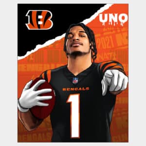 Poster or wallpaper of NFL Offensive Rookie of the Year and electric wide receiver Ja'marr Chase posing in Cincinnati Bengals uniform with a football in his hand and Bengals logo and orange graffiti in background