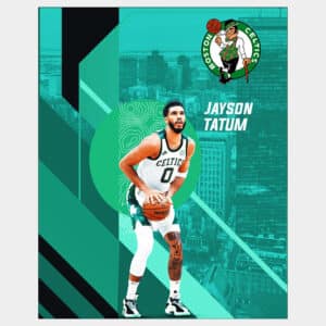 Jayson Tatum poster in white Boston Celtics uniform with team logo and bean town city in background