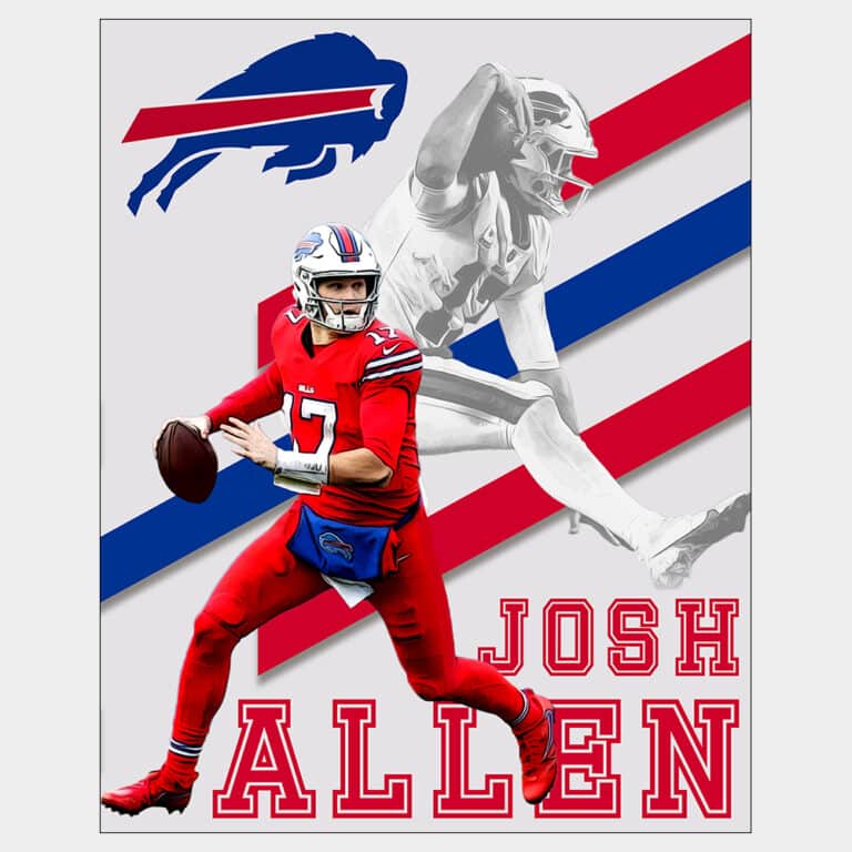 Poster of NFL quarterback Josh Allen running with football and silhouette of The Hurdle in the background
