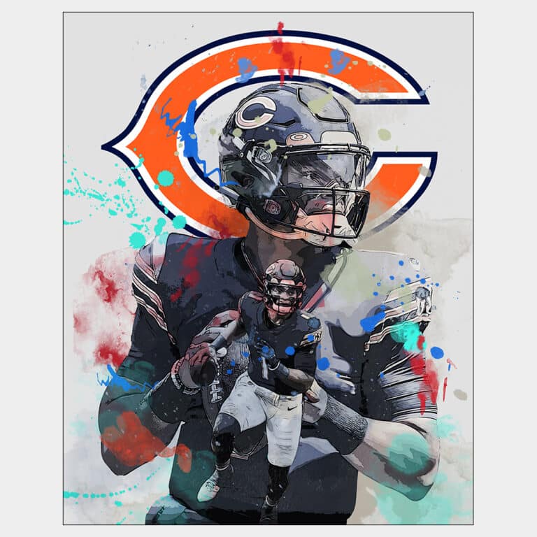NFL QB Justin Fields painting style print with paint splatter and Chicago Bears logo in background