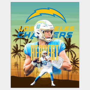 Poster fan art of Los Angeles Chargers star QB Justin Herbert with blue sky and palm trees background