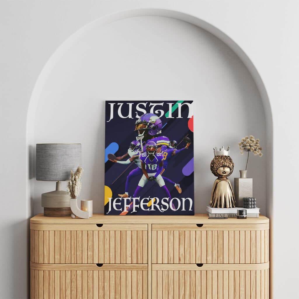 Framed canvas wall art of Minnesota WR Justin Jefferson posing on a pattern background on wall above a dresser