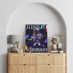 Framed canvas wall art of Minnesota WR Justin Jefferson posing on a pattern background on wall above a dresser