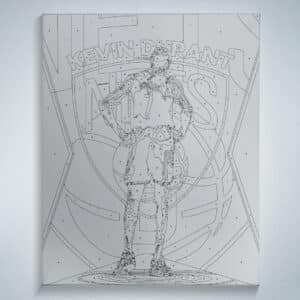 Paint by number outline on canvas of Kevin Durant The Servant standing with Nets logo in background