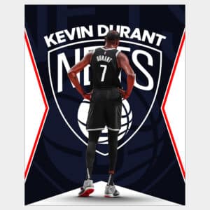 Poster of Kevin Durant The Servant posing with back turned and Nets team logo in background