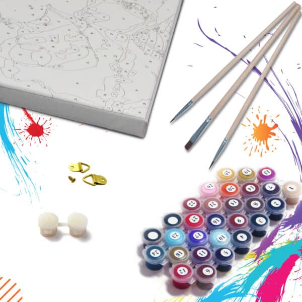 Paint by numbers kit contents with colorful background