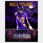 Poster of NFL quarterbackLamar Jackson on top of M&T Bank Stadium with purple background