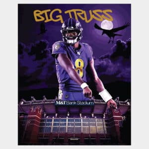 Vector print wal art of Lamar Jackson Big Truss Baltimore Raves QB posing on top of M&T Bank Stadium with purple sky background