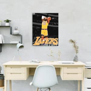 Canvas wall art painting of LeBron King James in yellow lakers jersey slam dunk hanging on wall