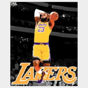 Vector print of LeBron James King James in yellow LA Lakers uniform slam dunk