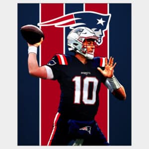 Poster wall art of NE Patriots quarterback Mac Jones throwing a football with red and blue striped background