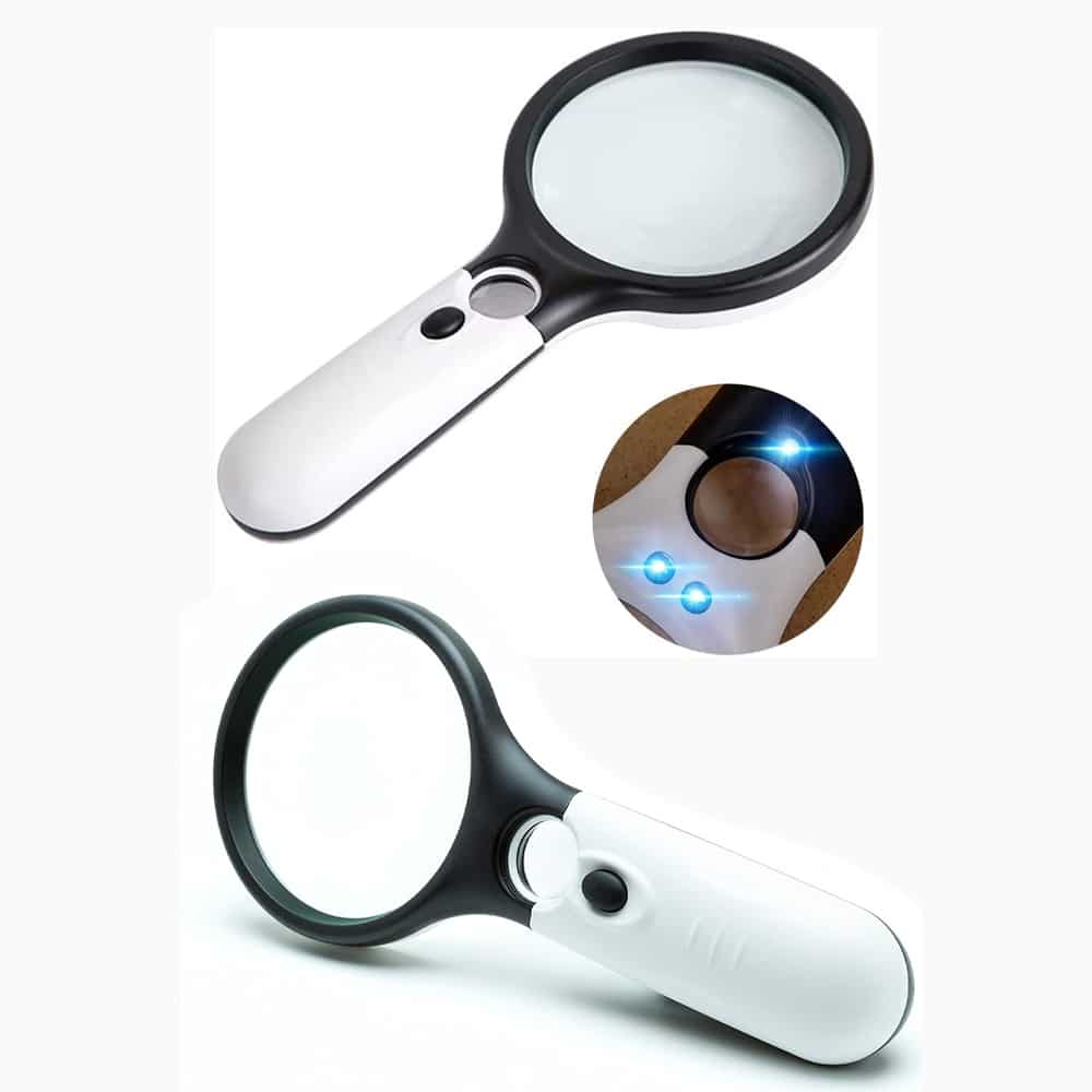 Profile of handheld magnifying glass with 3 LED lights