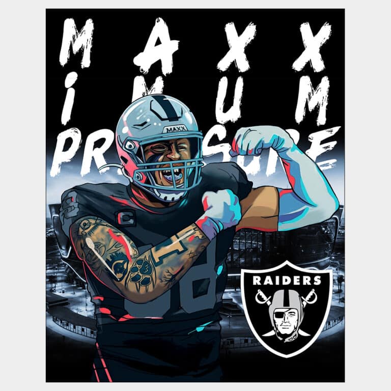Poster fan art of Maxx Crosby NFL defensive end flexing in front of stadium with Raiders logo in background