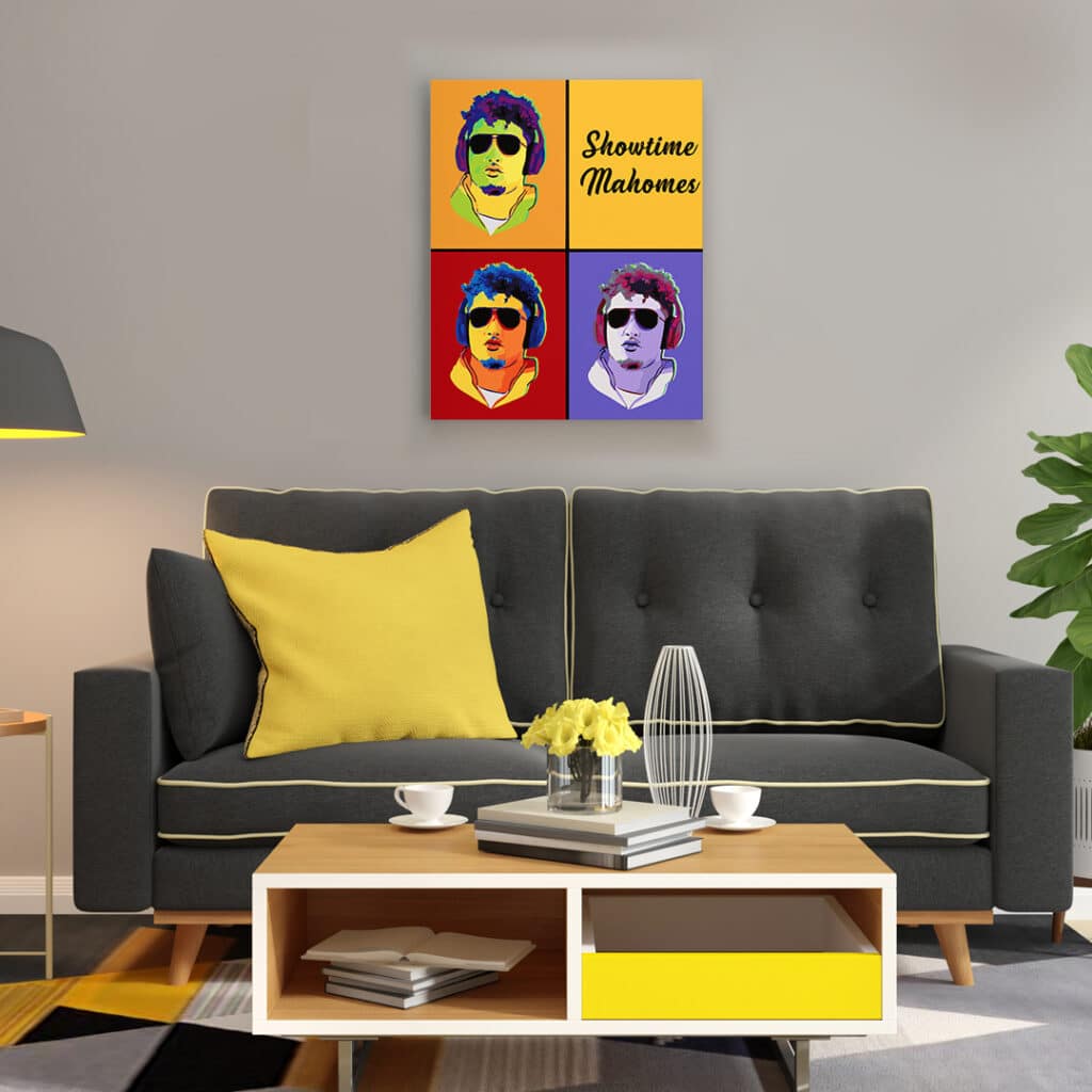 Framed canvas wall art painting of pop art Patrick Mahomes NFL star QB hanging on wall above sofa