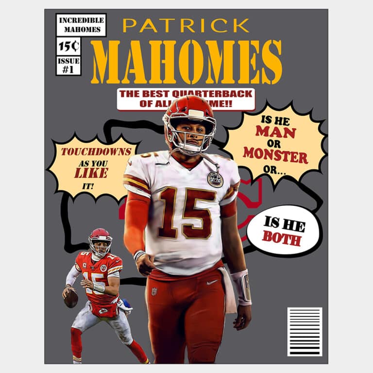 Fan art poster of Kansas City Chiefs QB Patrick Mahomes in comic cover style with gray background and logo