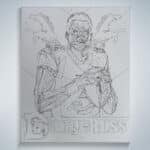 Paint by number outline on framed canvas of Russell Wilson DangeRuss in Denver Broncos jersey holding an NFL football