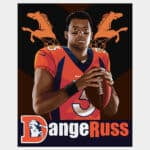 Vector print of Dangeruss Russell Wilson holding a football in Denver Broncos jersey with old school Broncos logo