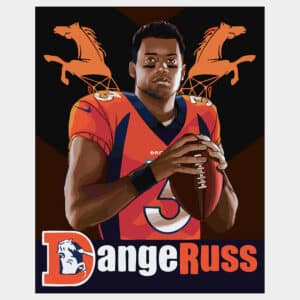 Vector print of Dangeruss Russell Wilson holding a football in Denver Broncos jersey with old school Broncos logo