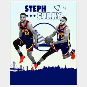 Poster of NBS star and champion Steph Curry wearing blue Golden State Warriors uniform