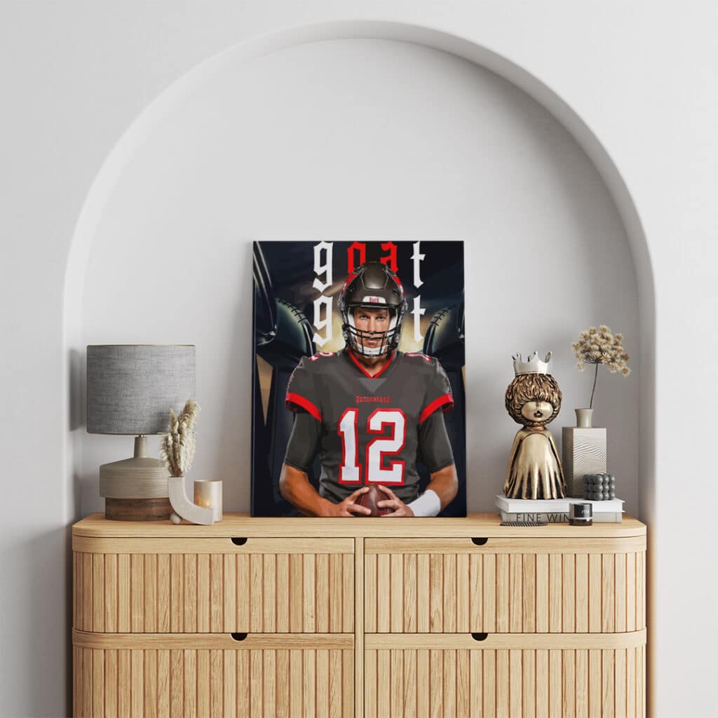 Canvas wall art painting of Tom Brady NFL quarterback in pewter uniform hanging on wall