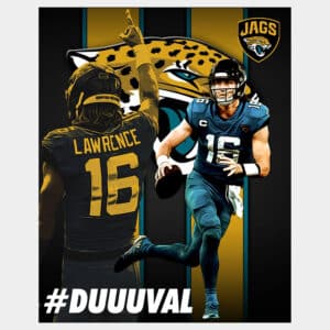 Poster wall fan art of Jags quarterback Trevor Lawrence running in teal football uniform holding a football