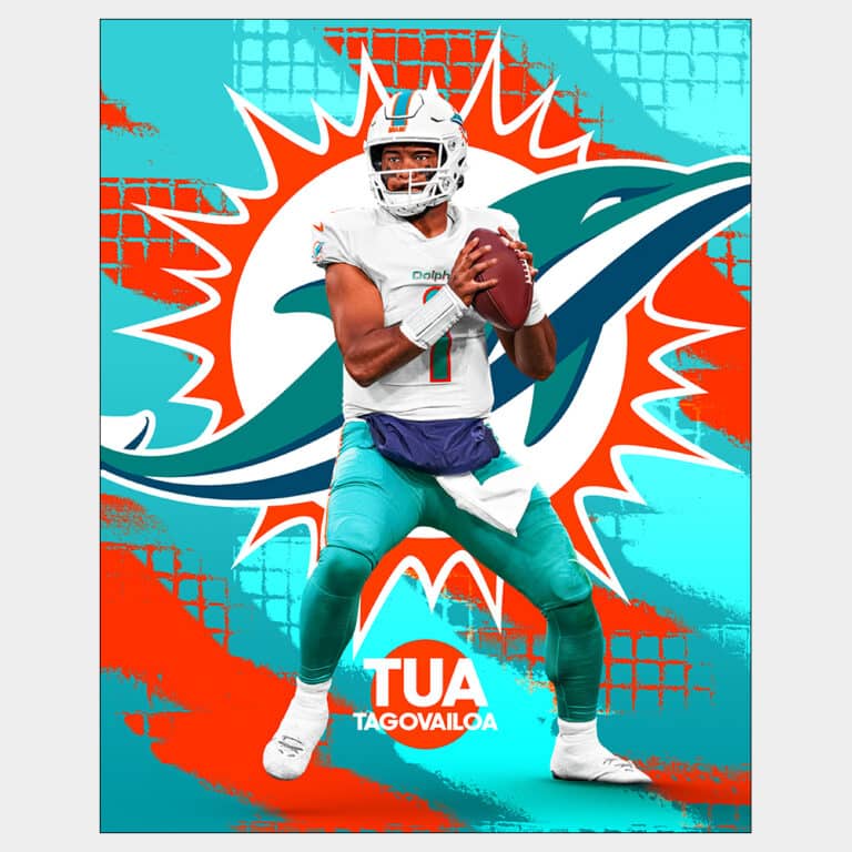 Colorful print of Tua Tagovailoa holding a football with a Miami Dolphins logo in background