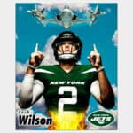 Wall poster of New York Jets quarterback Zach Wilson pointing at Jets in the sky with clouded sky background