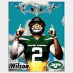 Vector print of NY Jets QB Zach Wilson pointing at jets in the sky with Jets logo and sky background
