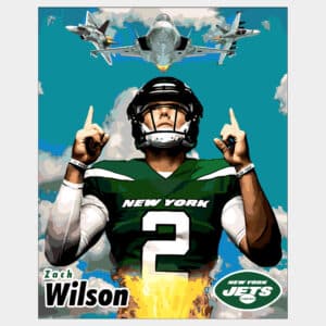 Vector print of NY Jets QB Zach Wilson pointing at jets in the sky with Jets logo and sky background