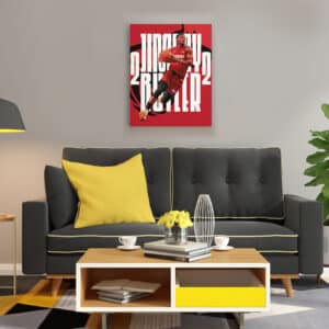 Canvas wall art painting of Miami Heat player Jimmy Butler hanging on wall above sofa