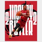 Jimmy Butler NBA player for the Miami Heat poster posing with basketball and red background